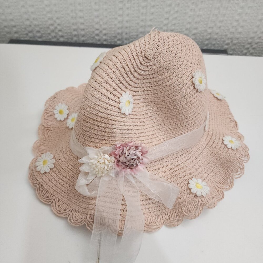 Vintage Blush Straw Sun Hat Floral Appliqué Ribbon Cottagecore Light Pink - Picture 8 of 9